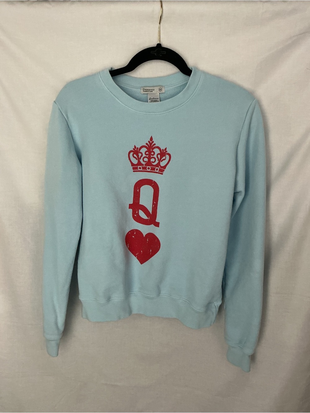 Dexterous Queen of Hearts Light Blue Crewneck Sweater with Red Graphic